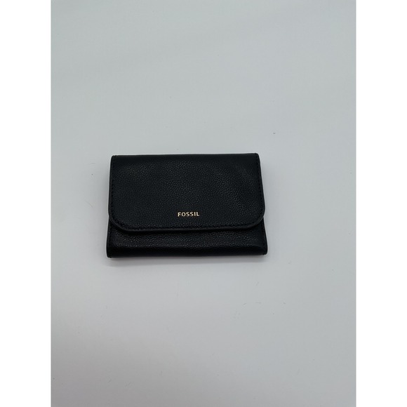 Fossil Black Leather Wallet Trifold Snap Closure Card Holder Small - Picture 1 of 10